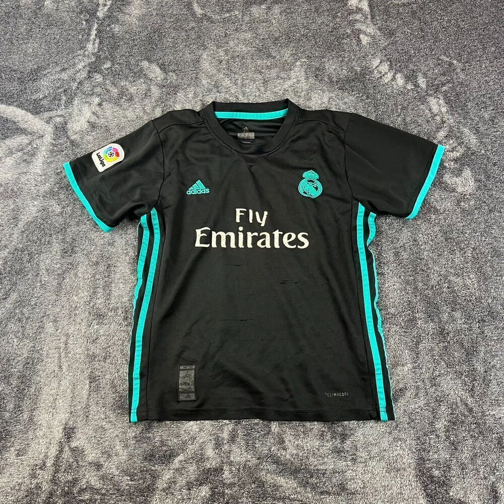 Adidas Real Madrid Fly Emirates Ronaldo Black Turquoise Jersey Youth Sz 28 *Flaw
